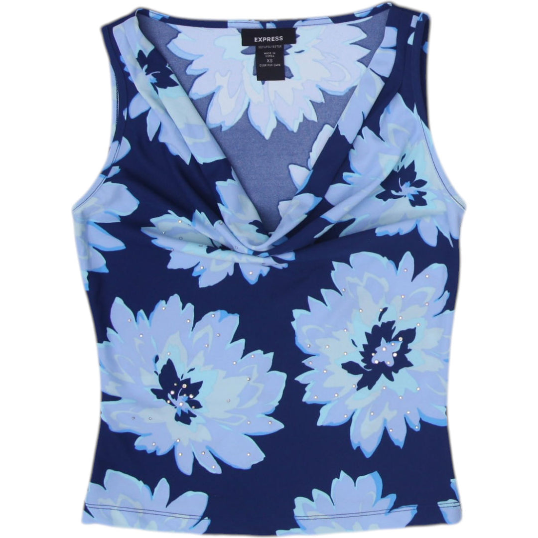 Y2K Ladies Express Tank Top Navy Floral Sleeveless Stretchy