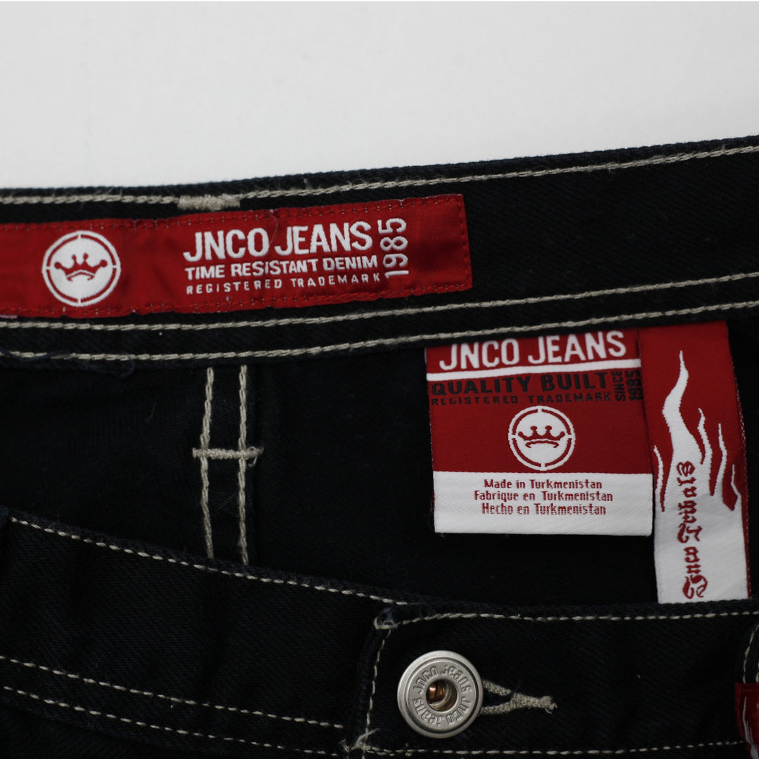 Y2K Mens JNCO Jeans Black Wide Leg Denim Embroidered Tribal Graphic