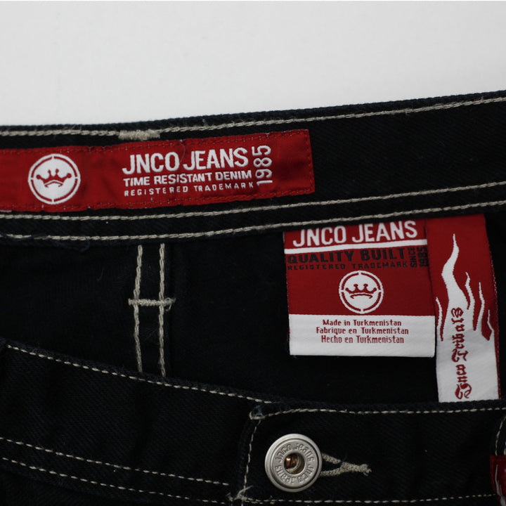 Y2K Mens JNCO Jeans Black Wide Leg Denim Embroidered Tribal Graphic