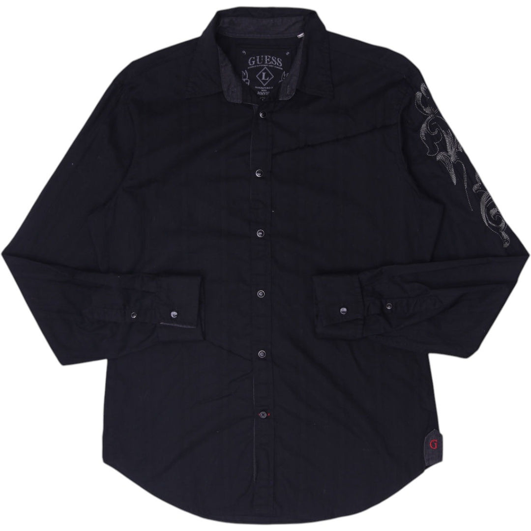 Mens Guess Embroidered Back Graphic Long Sleeve Button Down Shirt Size L