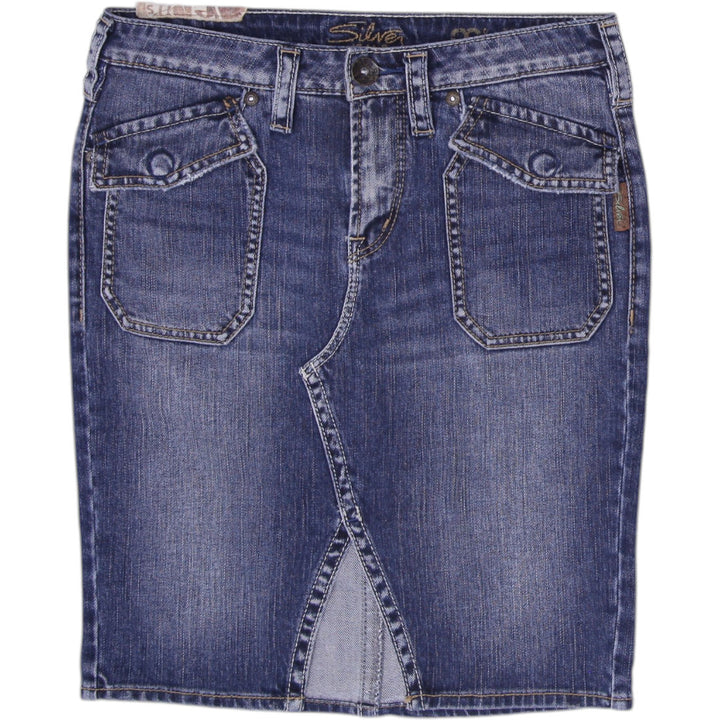 Y2K Ladies Silver Jeans Co. Myla Utility Front-Split Denim Midi Skirt