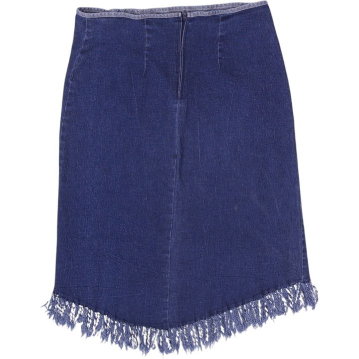 Y2K Ladies Baby Phat Asymmetrical Gold Cat Logo Frayed Fringe Hem Denim Skirt