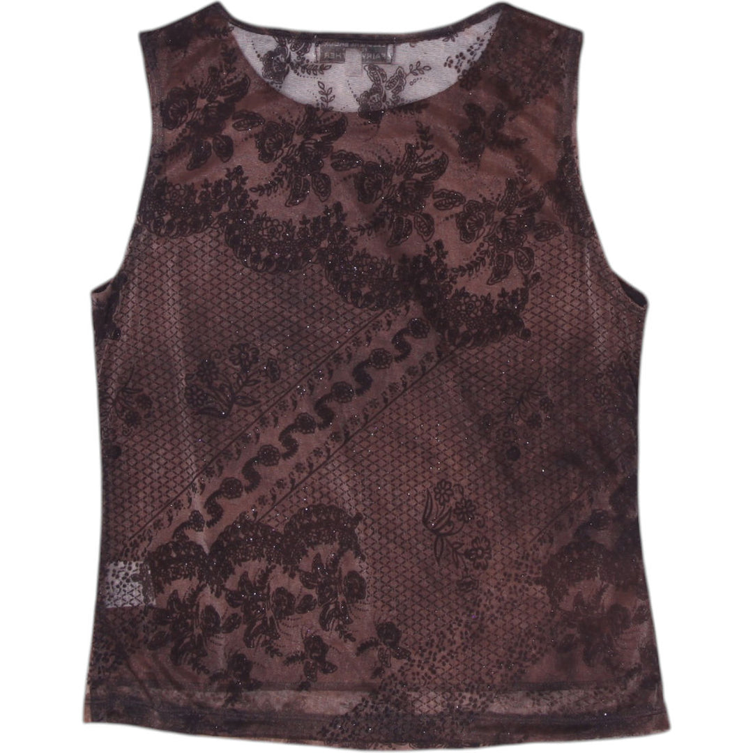 Y2K Ladies Beechers Brook Sheer Brown Floral Mesh Tank Top Size S