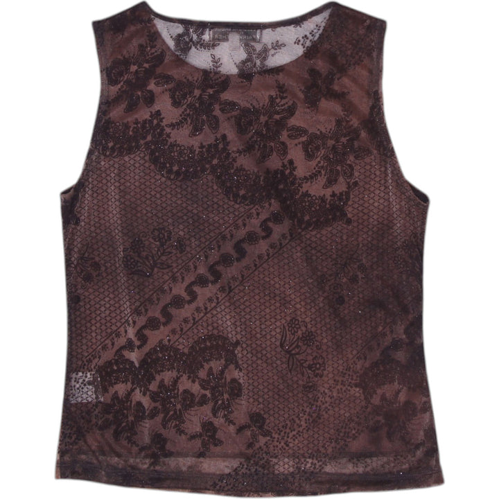 Y2K Ladies Beechers Brook Sheer Brown Floral Mesh Tank Top Size S