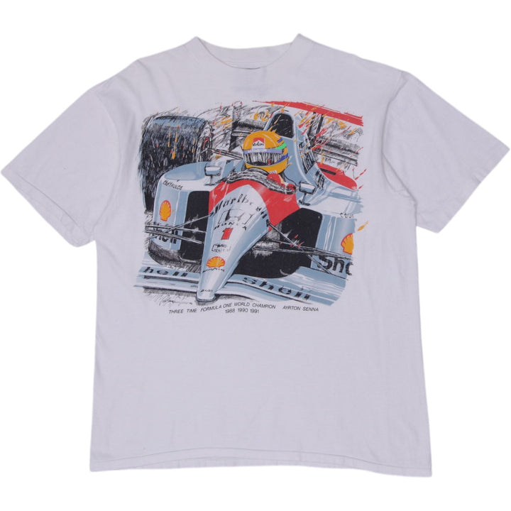 Vintage Mens Oneita Ayrton Senna T-Shirt White Graphic Racing Single Stitch L