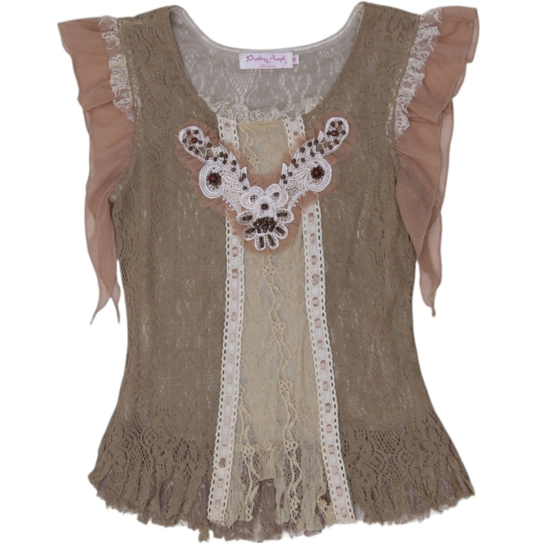 Y2K Ladies Pretty Angel Layered Lace & Mesh Beaded Top Size Medium