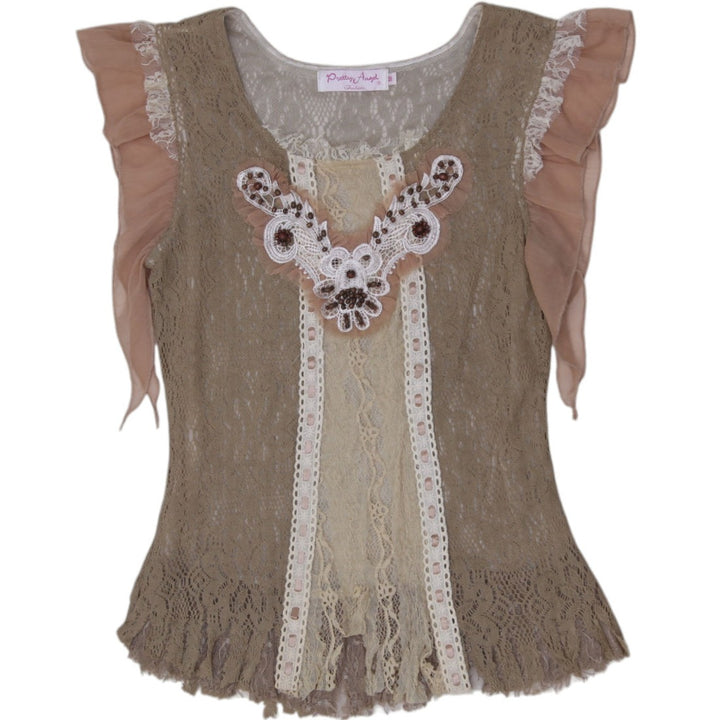 Y2K Ladies Pretty Angel Layered Lace & Mesh Beaded Top Size Medium