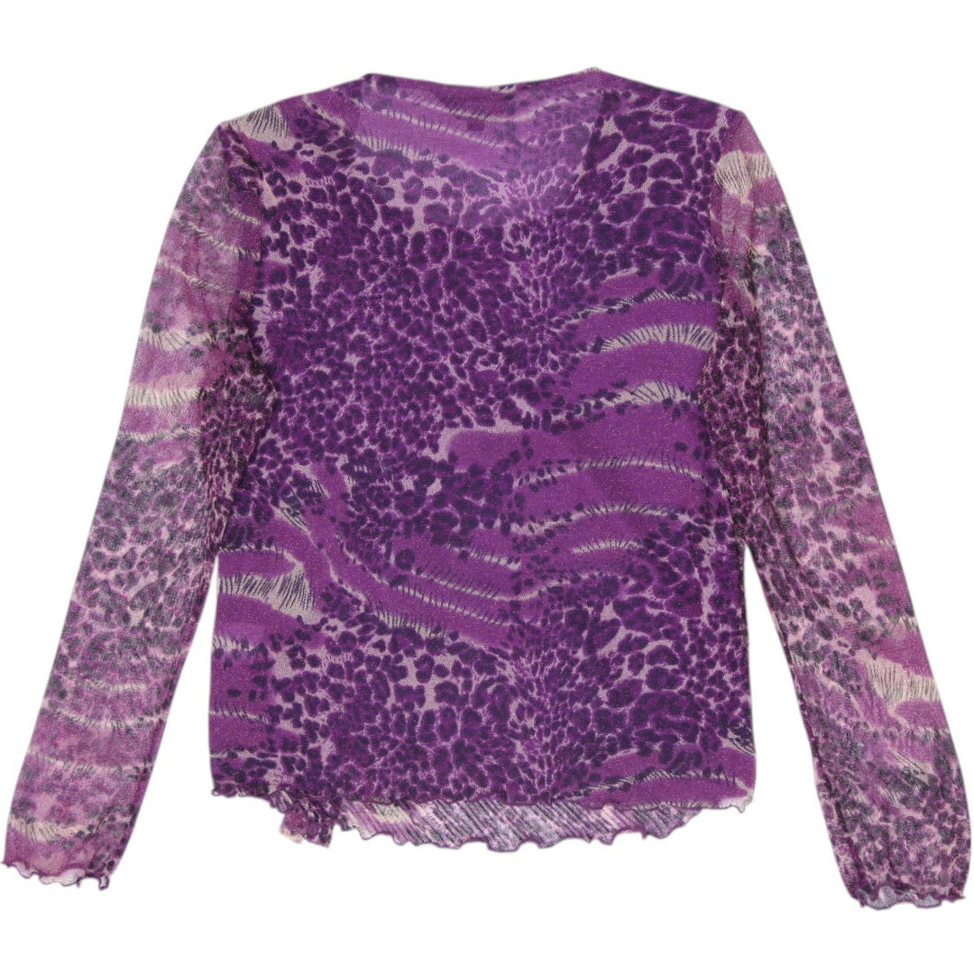 Y2K Ladies Amanda Collection Purple Leopard Mesh Layered Faux Wrap Top Size L