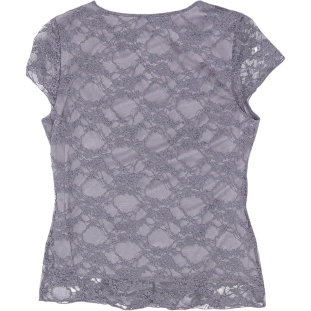 Y2K Ladies R Petite Sheer Floral Lace Overlay Short Sleeve To Size XL