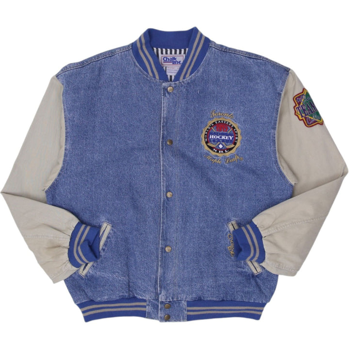 Vintage Mens Chalk Line Varsity Jacket Blue NHL Hockey Patch Denim Size L | Migration_Jackets | Fashion Rerun