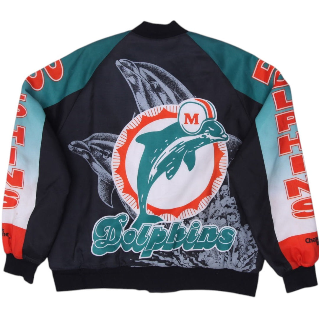 Vintage Miami Dolphins Chalk Line Satin Bomber Jacket Men's Size L 80s 90s NFL | Migration_Jackets - Side Vie | Fashion Rerun