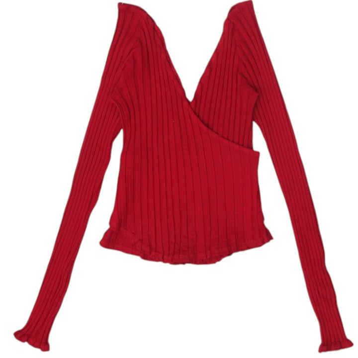Y2K Ladies Red V-Neck Ribbed Knit Fashion Long Sleeved top Size L | Migration_Knitwear & Sweaters MJ DROP | Fashion Rerun