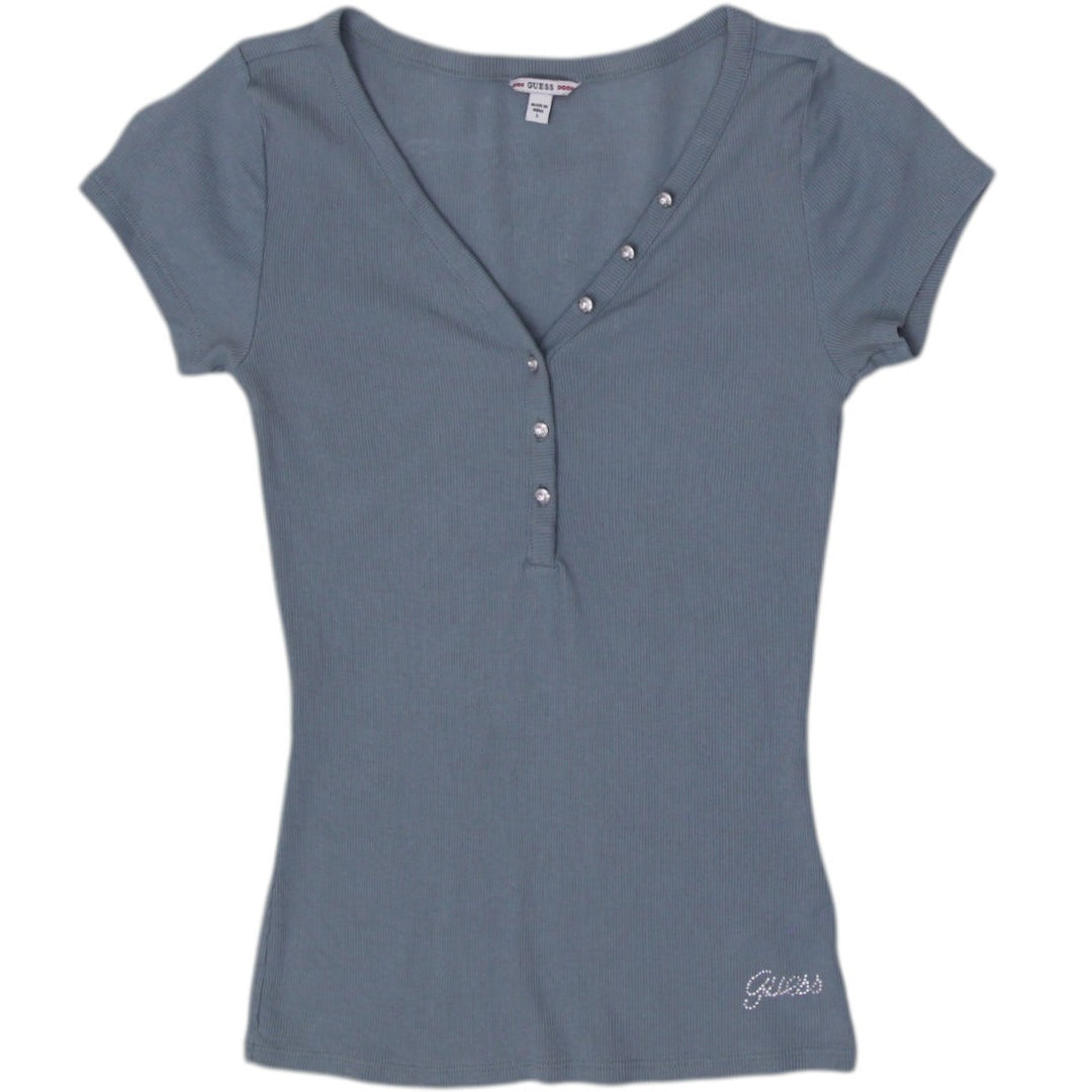 Y2K Ladies Guess V-Neck Button Detail Blue T-Shirt Size S | Migration_Tops | Fashion Rerun