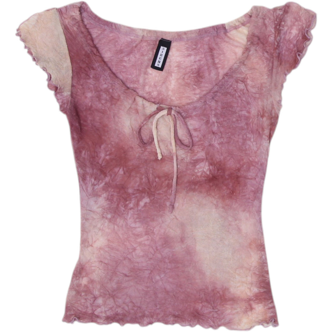 Y2K Ladies Sirens Top Tie-Dye Pink Lettuce Edge Short Sleeve