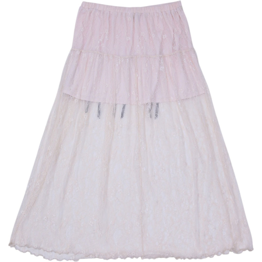 Y2K Ladies Miss Selfridge Cream Lace Maxi Skirt Black Ribbon Bows Coquette US 12