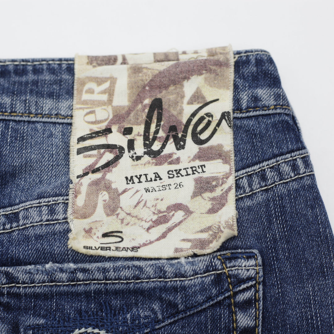 Y2K Ladies Silver Jeans Co. Myla Utility Front-Split Denim Midi Skirt