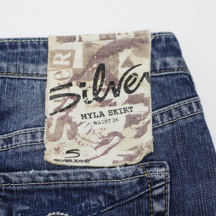Y2K Ladies Silver Jeans Co. Myla Utility Front-Split Denim Midi Skirt
