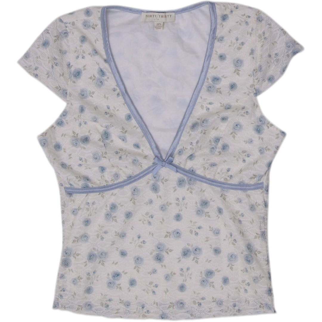Y2K Ladies Thirty/Thirty Blue Ditsy Floral Empire Waist Top