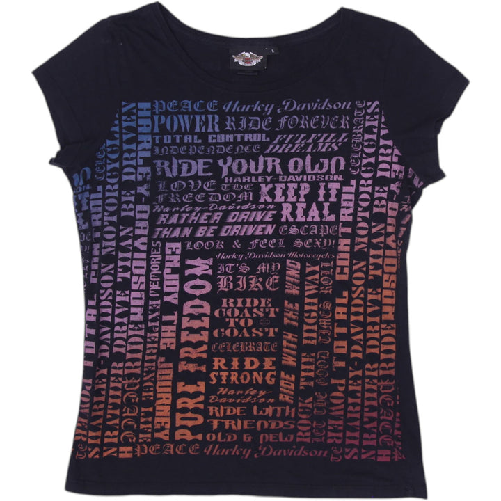 Ladies Harley Davidson T-Shirt Black Graphic Text Design Size L