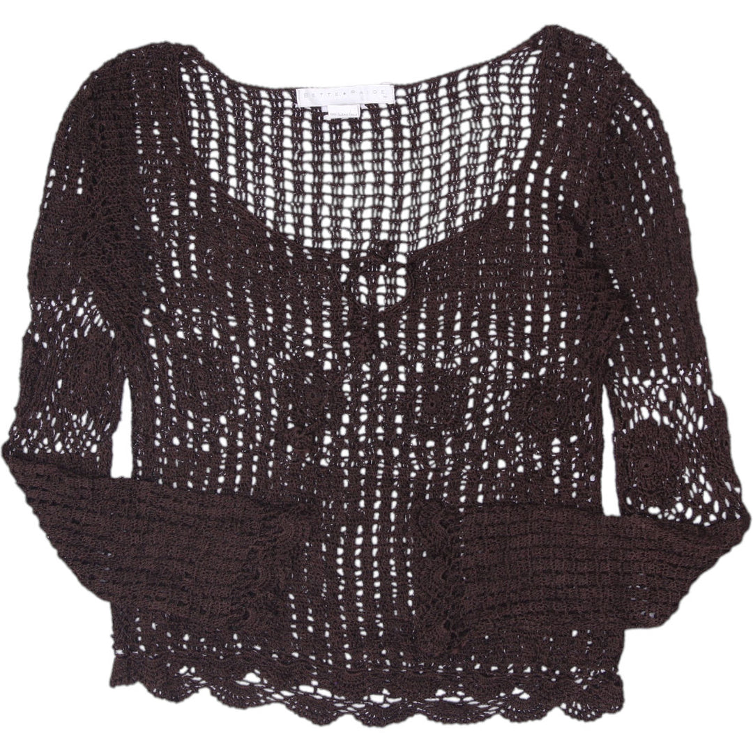 Y2K Ladies Bette Paige Chocolate Brown Crochet Open Knit Top Size XL