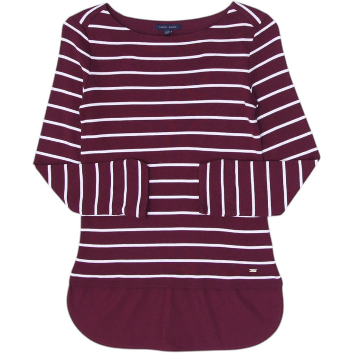 Ladies Blouse Maroon White Striped Long Sleeve