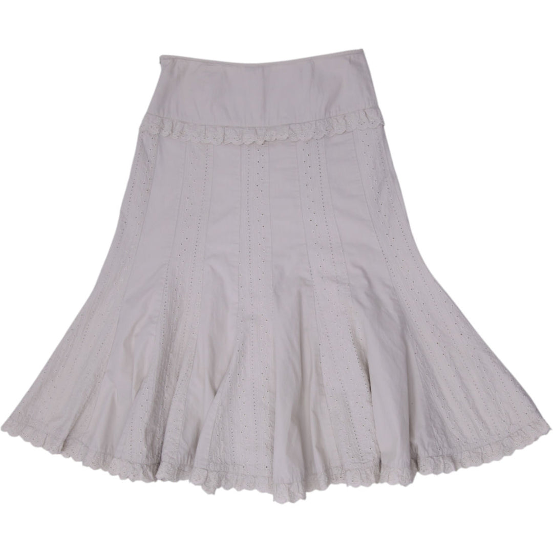 Y2K Ladies Jessica Beige Eyelet Lace Paneled A-Line Flared Midi Skirt Size 8