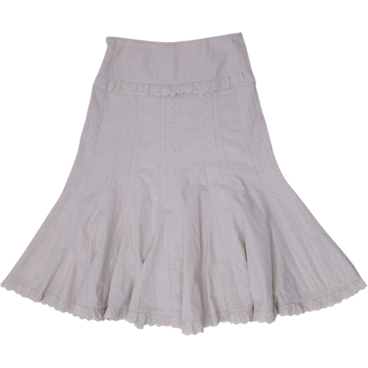 Y2K Ladies Jessica Beige Eyelet Lace Paneled A-Line Flared Midi Skirt Size 8