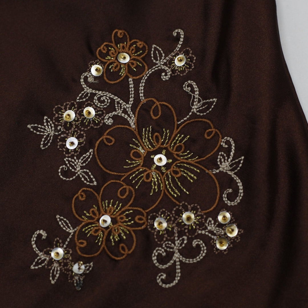Y2K Ladies Secret Treasures Brown Satin Cami Top Floral Sequined Embroidery M
