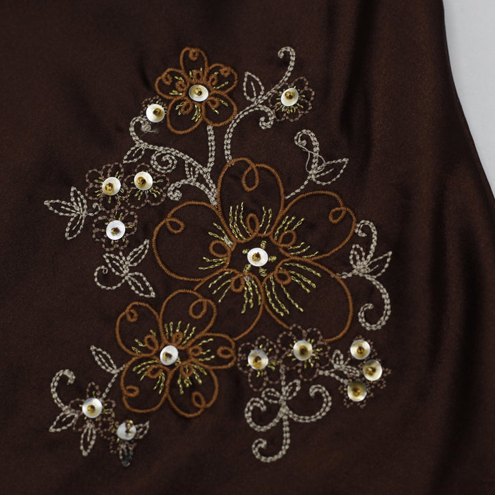 Y2K Ladies Secret Treasures Brown Satin Cami Top Floral Sequined Embroidery M