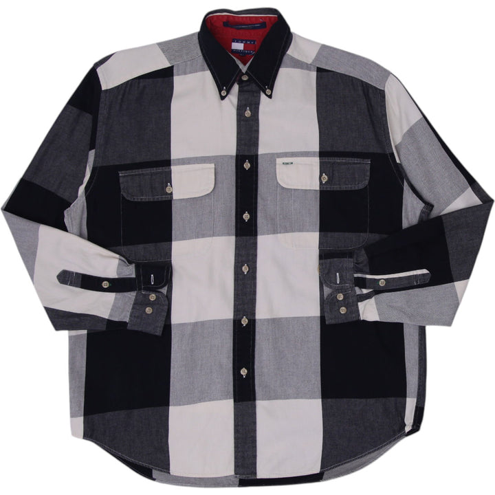 Vintage Mens Tommy Hilfiger Shirt Black Gray Check Long Sleeve Cotton Size M