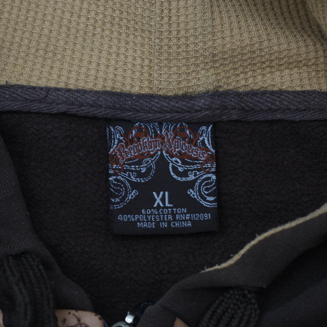 Y2K Mens Brooklyn Express Hoodie Brown Graphic Full Zip Size XL