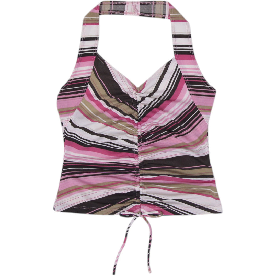 Y2K Ladies Striped Halter Top Multicolor Ruched Detail