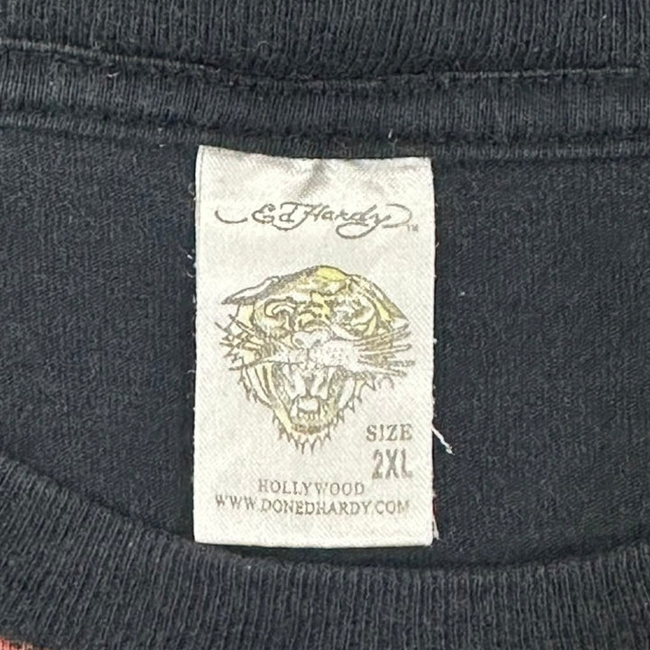Y2K Mens Ed Hardy Black T-Shirt Tiger Graphic All Over Size 2XL