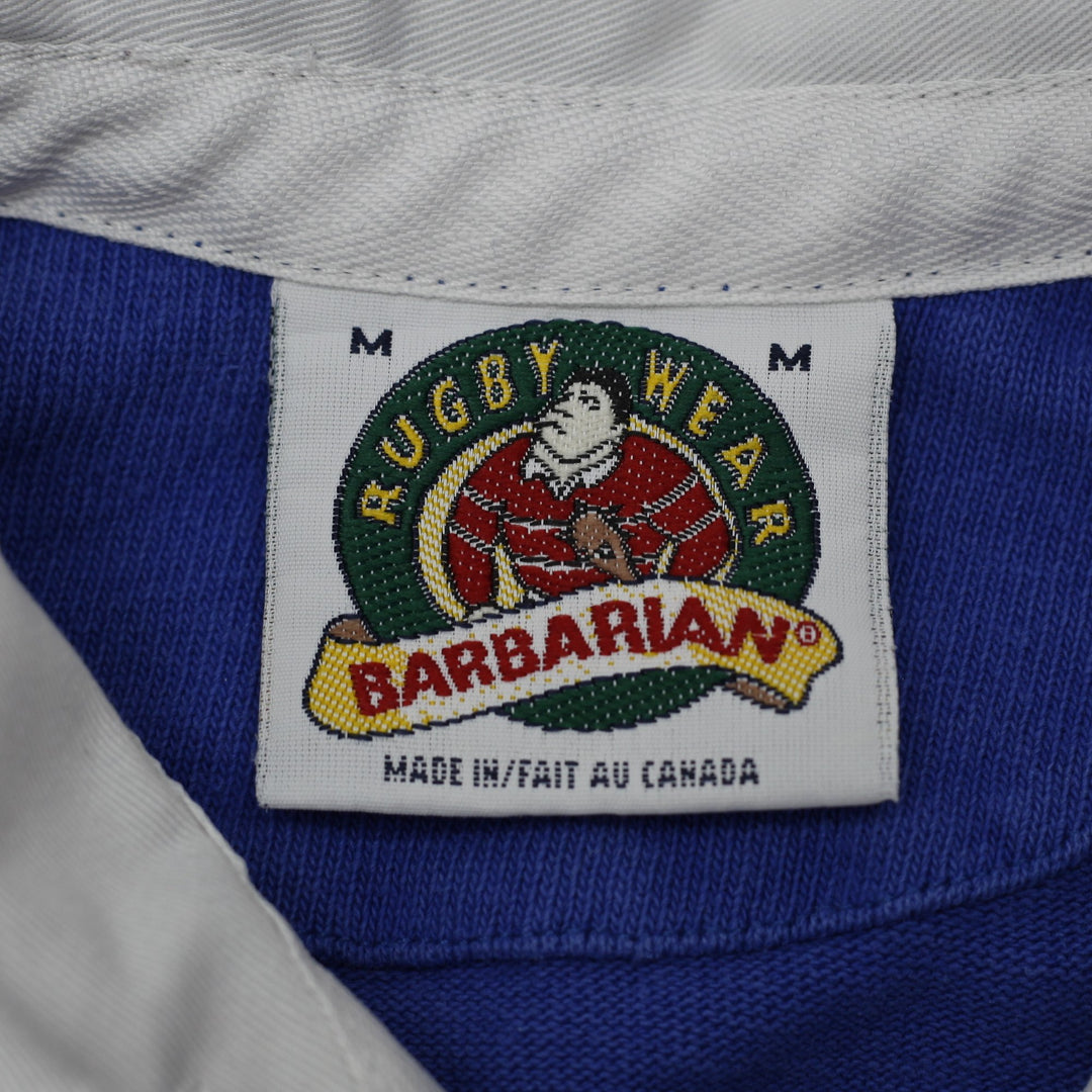 Vintage Mens Barbarian Rugby T-Shirt Blue Striped St. Maximilian Logo Size M
