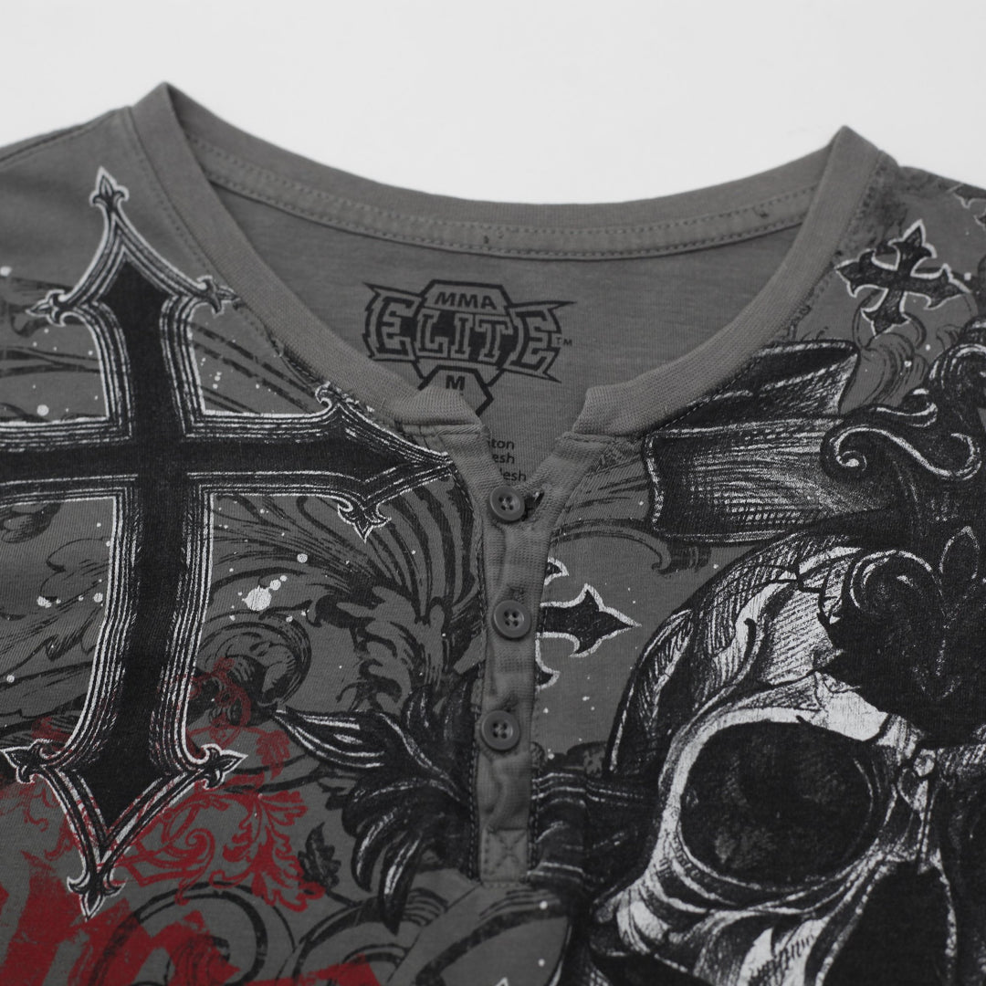 Y2K Mens MMA Elite Graphic T-Shirt Gray Skull Cross Design Size M