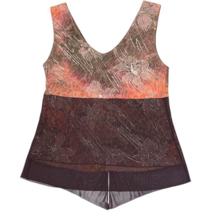 Y2K Ladies MKM Designs Abstract Mesh Layered Tank Top Earth Tones & Gold Shimmer