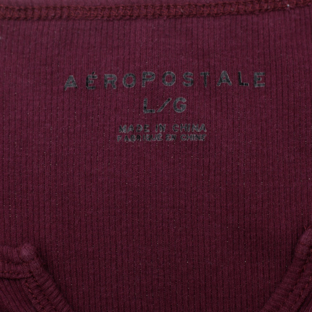 Y2K Ladies Aéropostale Maroon Long Sleeve Notch Neck Ribbed Top Size L
