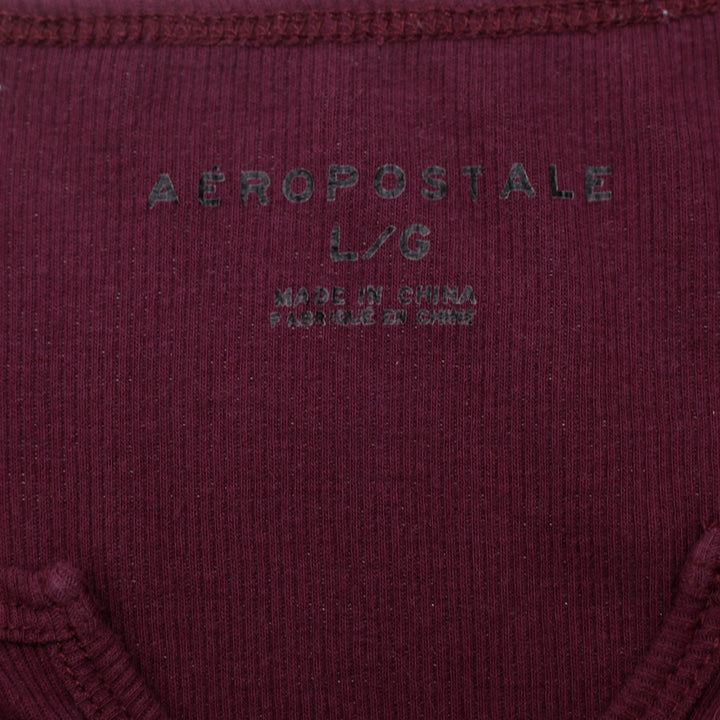 Y2K Ladies Aéropostale Maroon Long Sleeve Notch Neck Ribbed Top Size L