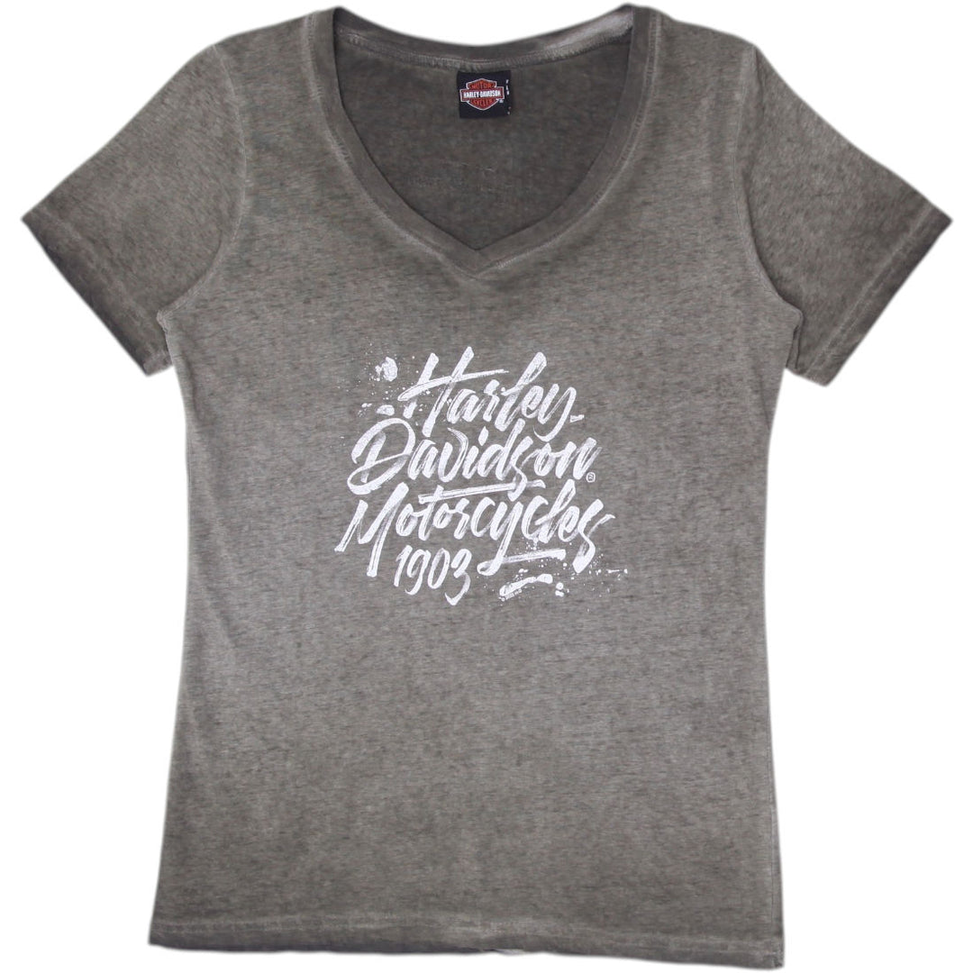 Ladies Harley Davidson T-Shirt Olive Green Graphic V-Neck