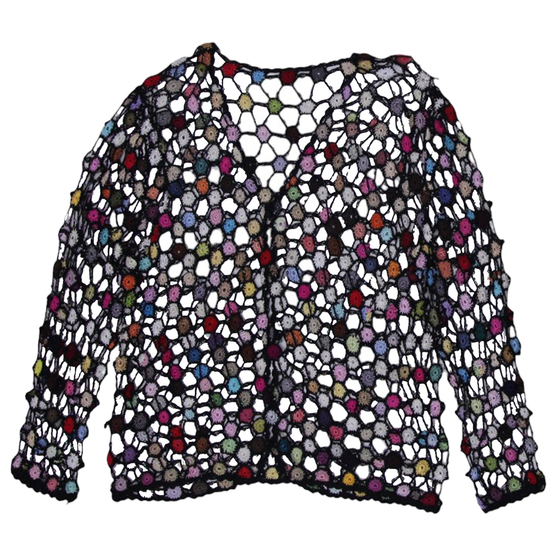 Y2K Ladies Colorful Beaded Crochet Knit Fishnet Button Front Top