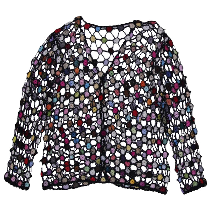 Y2K Ladies Colorful Beaded Crochet Knit Fishnet Button Front Top