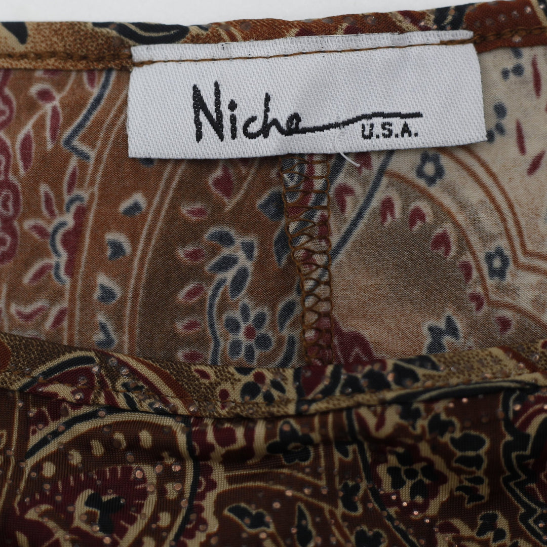 Y2K Ladies Niche USA Paisley Mesh Sleeveless Tank Top Brown Earth Tone Boatneck