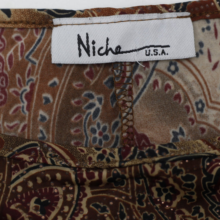 Y2K Ladies Niche USA Paisley Mesh Sleeveless Tank Top Brown Earth Tone Boatneck