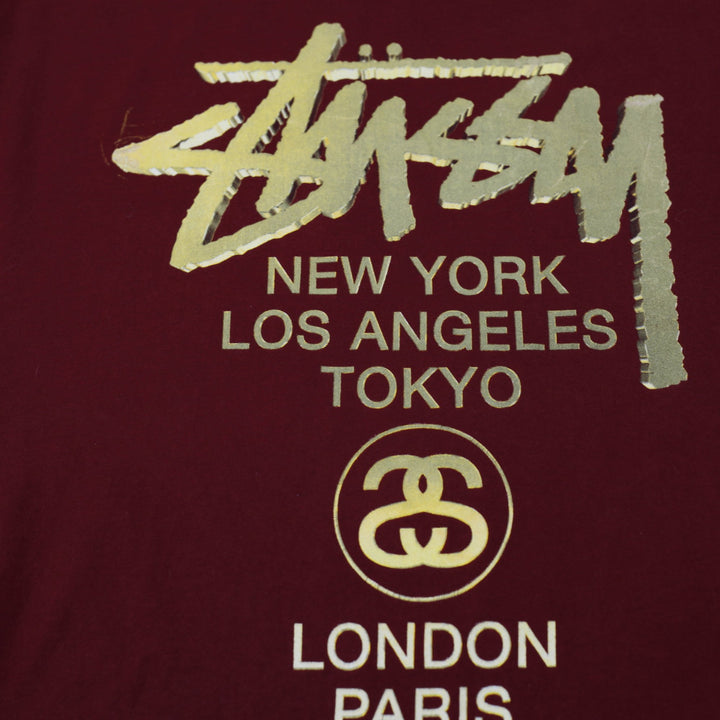 Mens Stussy T-Shirt Maroon Gold Graphic Logo Size L