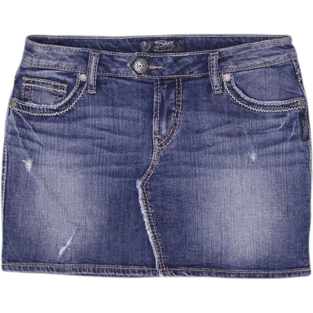 Y2K Ladies Silver Mini Skirt Blue Distressed Denim