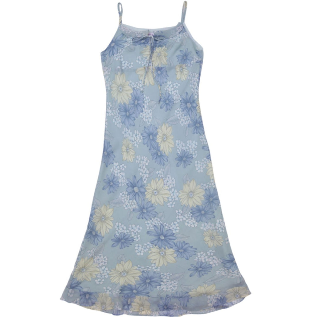 Y2K Ladies Ring Powder Blue Floral Chiffon Midi Slip Dress