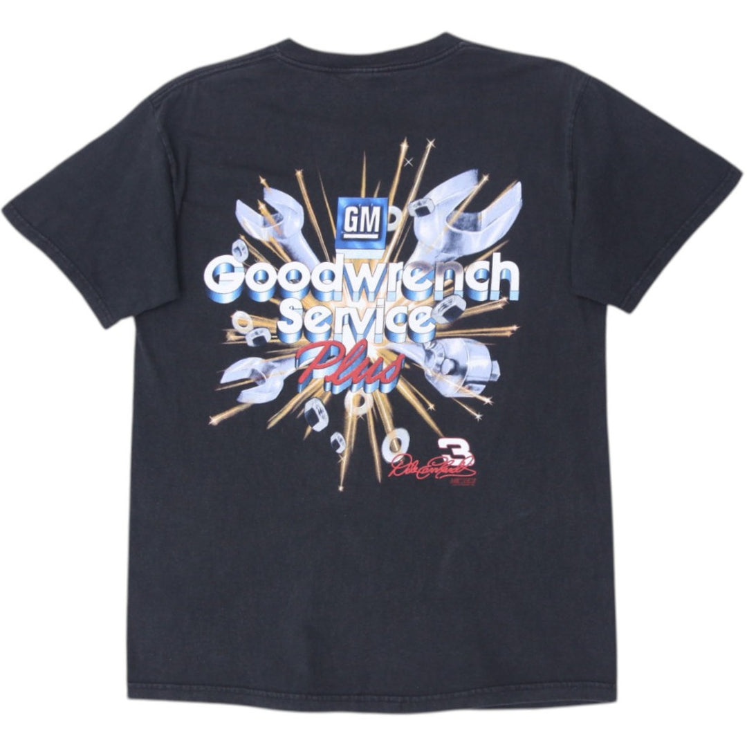 Vintage GM Good Wrench Service Plus Black Graphic T-Shirt | Migration_T-Shirts - Side View | Fashion Rerun