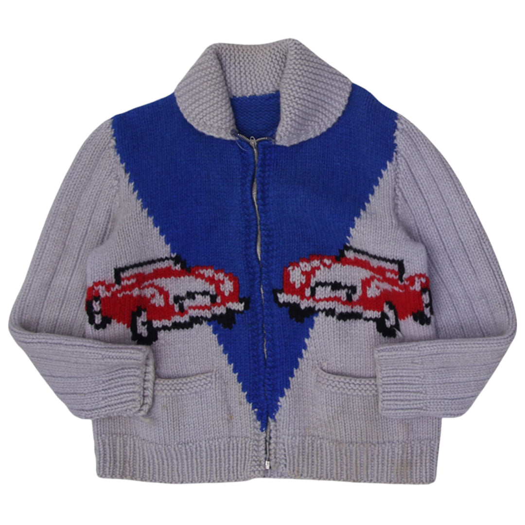 Vintage 50s hand-knit wool cardigan sweater shawl large mens fit with race car design