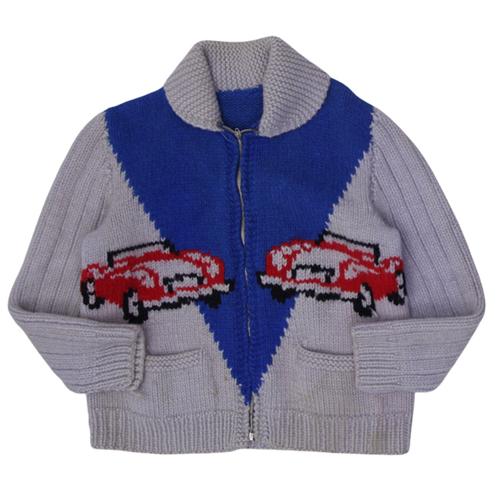 Vintage 50s hand-knit wool cardigan sweater shawl large mens fit with race car design