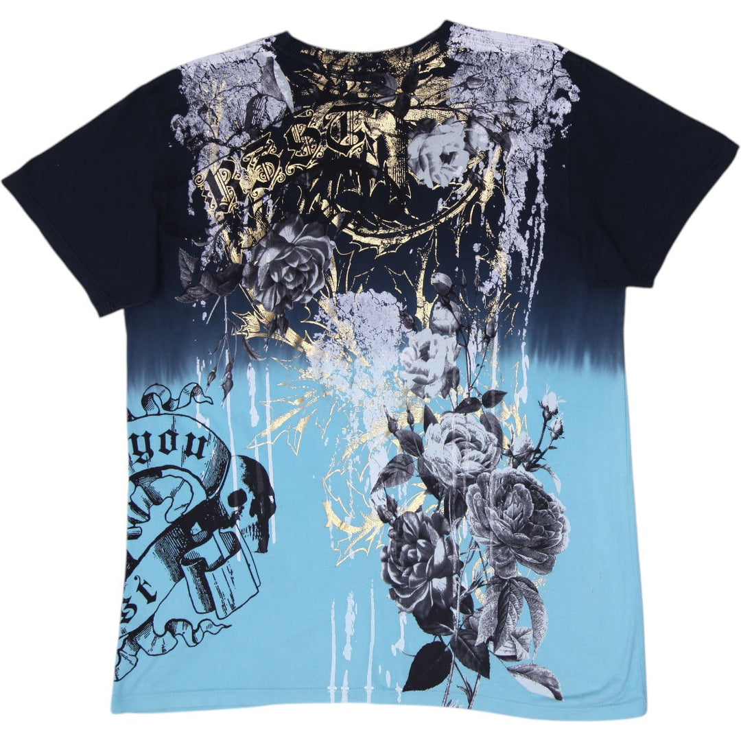 Y2K Mens Graphic T-Shirt All Over Print Angel Skull Roses Foil Cyan Black Size L